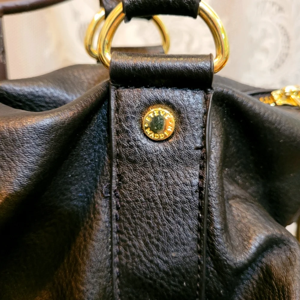 Steve Madden Large Black Leather Tote With Tassels - Picture 4 of 12